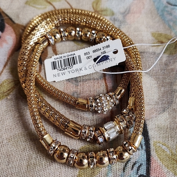 3 Gold Tone Metal Mesh Tube Clear  Rhinestone Bracelets New York & Company NWT - Picture 10 of 13